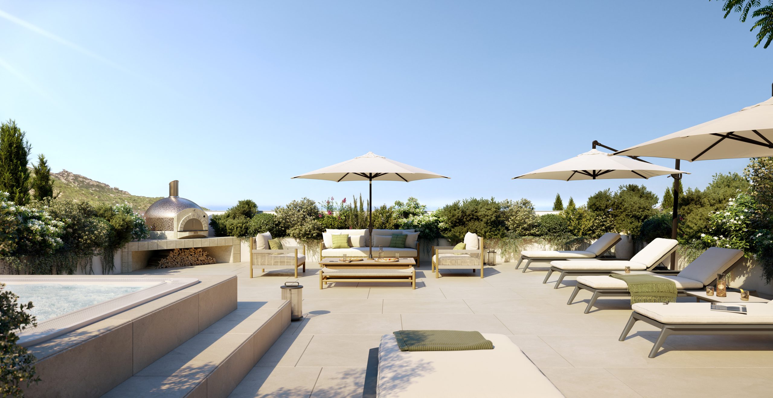 Villa Pintadera - Vista del terrazzo con lettini, ombrelloni, piccola piscina e barbeque