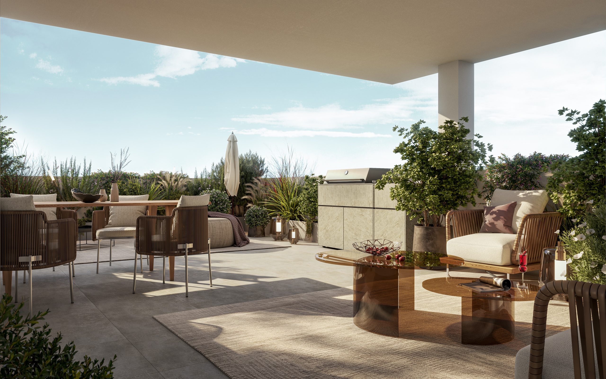 Casa del Bardo - Vista del terrazzo dell'attico con zona pranzo, ombrellone e grande barbeque.